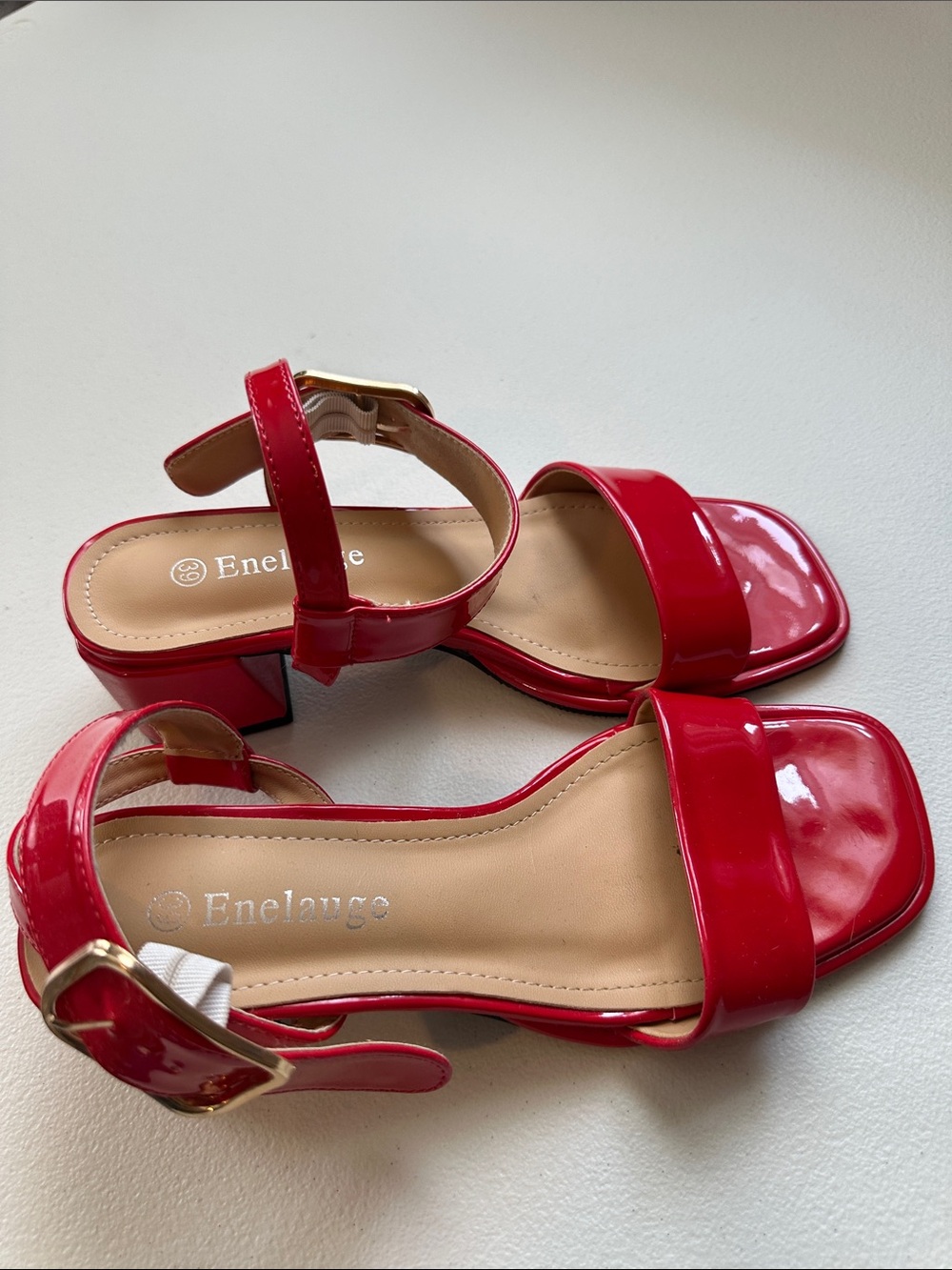 Red Patent Block Heel Sandals